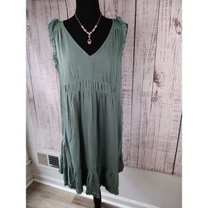 Umgee Dress L Teal Green Linen Blend V Neck Sleeveless Raw Hem Ruffle Boho